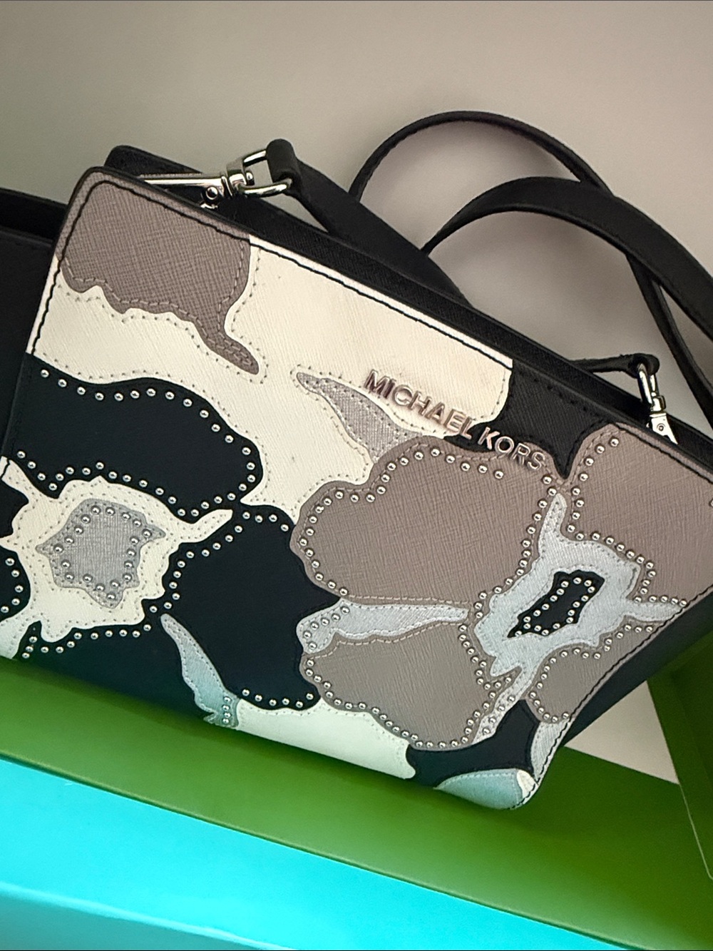 Michael Kors Black, Gray & White Floral Applique Crossbody - Picture 7 of 8